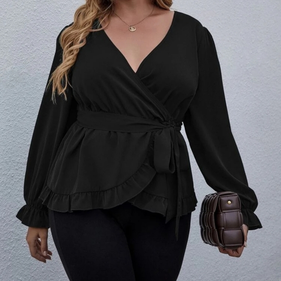⚡2/$20⚡1XL Plus Wrap Frill Trimed Belted Blouse - SHEIN - Picture 4 of 6